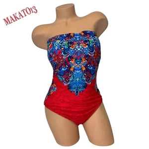 Ralph Lauren Womens Sz 12 Strapless Red Halter Paisley One Piece Swimsuit Padded - Picture 1 of 8