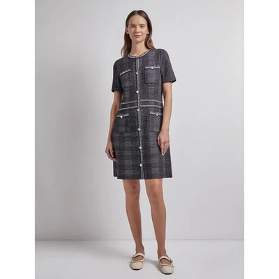 Misook Bold Plaid Tweed Knit Sheath Dress Modern Fit Black White Size Medium - Image 1 of 4