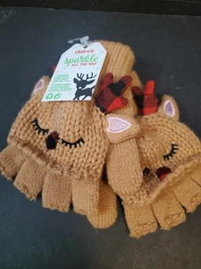Claire’s Sparkle All the Way Antlers Reindeer Flip Top Gloves NWT Fuzzy Soft - Picture 1 of 8