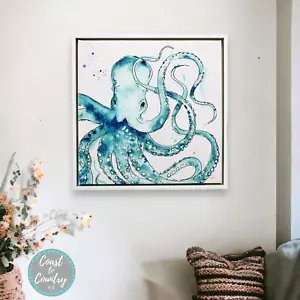 Coastal Blue White Octopus Framed Canvas Print Wall Art Beach Sealife 50x50cm - Picture 1 of 4