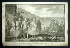 Gravure Voyage de La Pérouse, COSTUMES DES HABITANTS DE CONCEPCION AU CHILI - Imagen 1 de 2