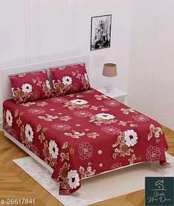 Indian Cotton Double Floral Bed Sheet Bed Spread with 2 pillow cover Maroon - Picture 1 of 3