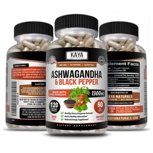 Cápsulas de Ashwagandha Orgánica 1300mg Suplemento con Polvo de Raíz de Pimienta Negra - Imagen 1 de 15