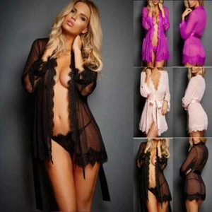 Sexy Women's Lingerie Babydoll Underwear Sheer Lace Robe Dressing Gown Nightwear - Picture 1 of 15