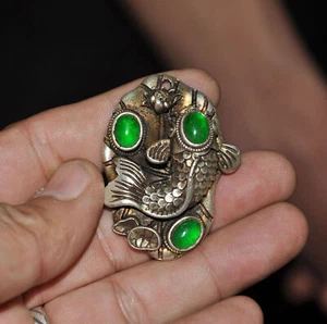 Ancient Old China silver Inlay green jade gem Feng Shui amulet fish Pendant - Picture 1 of 6