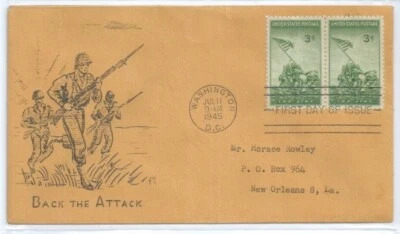 US FDC 929 pair IWO JIMA 1945 DC HUSS " BACK THE ATTACT " First Day of Issue  - Image 1 of 2