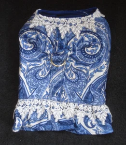 Handmade Dog Dress Harness Blue Ralph Lauren Fabric White Lace Size S/M NEW - Picture 1 of 9