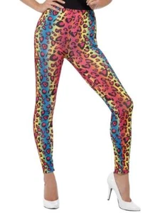 Damen Neon Leopardenmuster Leggings 70er 80er Disco Henne Kostüm Party Kostüm - Bild 1 von 1