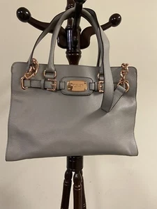 MICHAEL KORS Hamilton East West Large Soft Leather Satchel Gray Rose Gold - Picture 1 of 12