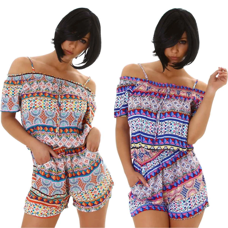 Damen Overall dünn Sommer Träger Carmen Bandeau kurze Shorts sexy 36 38 40 - Bild 1 von 1