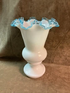 Huge Fenton Glass aqua crest ruffled top footed design milk white vase 1940s - Picture 1 of 4