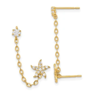 14K Yellow Gold Cubic Zirconia Double w/Chain Starfish Drop Single Earring - Picture 1 of 5
