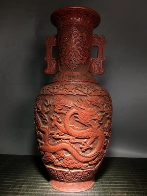 Vaso de garrafa 18" Old China Dynasty madeira vermelha laca escultura besta dragão - Imagem 1 de 4