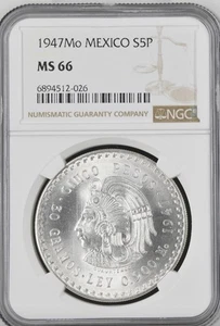 1947 MEXICO MS66 SILVER 5 PESOS CUAUHTEMOC NGC LOW MINTAGE RARE BRIGHT GEM - Picture 1 of 2