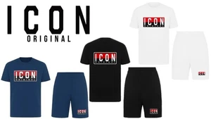 Conjunto corto de verano de camiseta y pantalones cortos de algodón negro/blanco/azul ICON para hombre (A20) - Imagen 1 de 4