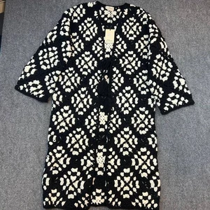 Elan Häkel Strick schwarz weiß Blume lange Strickjacke Kimono Mantel Neu mit Etikett - Bild 1 von 9