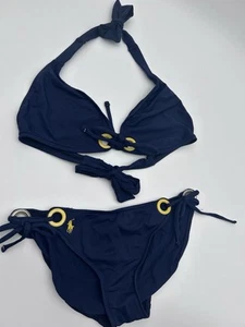 Ralph Lauren Women’s Small 2 Piece Bikini Swimsuit Navy Blue Yellow Grommet Polo - Picture 1 of 7