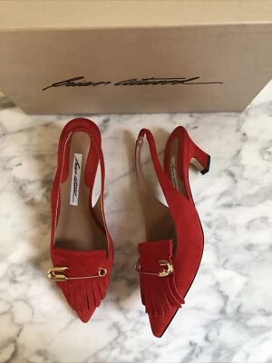 全新带盒! Brian Atwood 红色麂皮绒尖头露跟条纹别针 5.5 EU 35.5 — 第 1/4 张图片