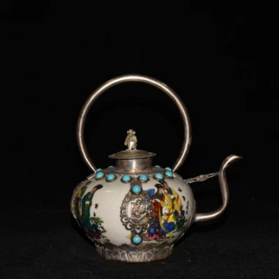 Collectible Handmade Silver & Porcelain Inlaid Teapot Beauty Deco Art ﻿ - Image 1 of 4