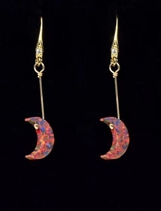 18K Gelbgold Vermeil rot-mehrfarbig Feueropal HALBMOND, Haken Ohrringe - Bild 1 von 2