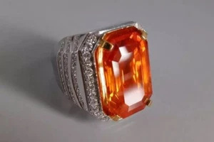 Dark Orange Huge Emerald Cut 28CT Citrine With Brilliant Cut CZ Men's Ring New - Picture 1 of 10
