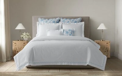 MATOUK SIERRA SCALLOPED 3pc TWIN SHEET SET 2 STANDARD SHAMS BLUE EMBROIDERY NEW - Image 1 of 4