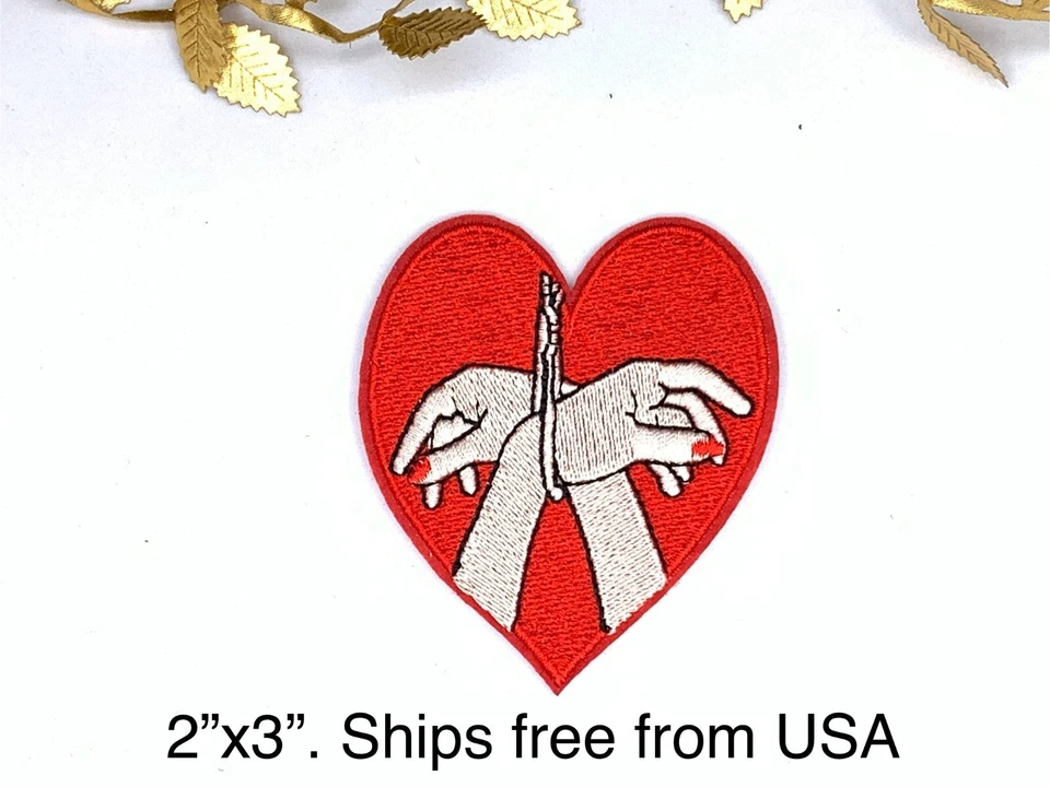 Handcuffed hands love sex hands red heart patch embroidered iron sew on patch - Image 1 of 1