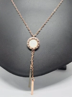 "Roman Numeral Circle Clock Necklace - Titanium Steel Round Mother of Pearl - Image 1 of 4