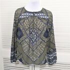 Lucky Brand Blouse Womens Small Sheer Olive Green Blue White Long Sleeve Peasant
