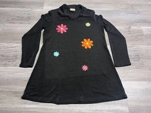 Vintage 90s Girls Top Flower Power Girls XL Decked Out Black Embroidered Stretch - Picture 1 of 8