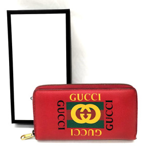 GUCCI Red Leather Logo Print Zip Around Long Wallet 496317 with Box Authentic 