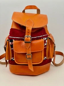 Handcrafted Moroccan Leather Bag Backpack Boho Chic Kilim Wool Backpack Small - Picture 1 of 6