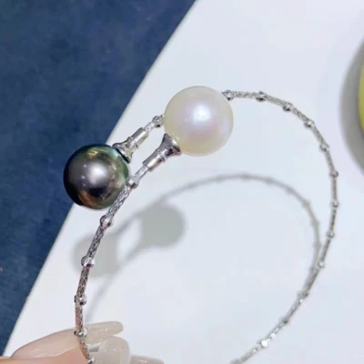 Pulsera Alta Joyería 11-10mm Mar del Sur Negro Blanco Redonda Perla 925S Foto 1 de 4