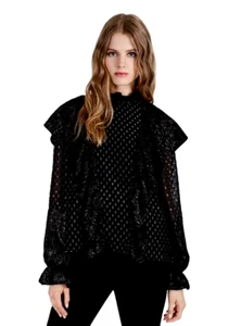 Rachel Zoe Sienna Black Gold Ruffle Shear Blouse Top Whimmsigoth Dark Fairy SZ10 - Picture 1 of 17
