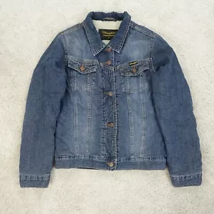 Vintage Wrangler Denim Jacket Womens Medium Trucker Coat Biker Sherpa Lined - Picture 1 of 13