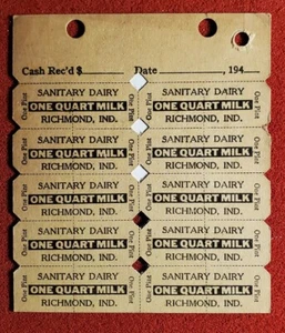 1 sheet Sanitary Dairy Richmond, Ind. Milk Quart or Pint Coupons lot c 1940. MM7 - Picture 1 of 4