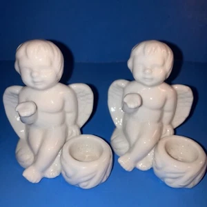 Cherub Angel Candle Holder Christmas Set of 2 3" White Shiny Ceramic - Picture 1 of 3
