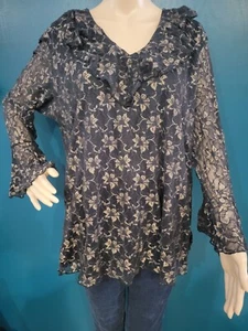 SIZE 1X WORTHINGTON Black & Gold Long Flutter Sleeve Lace Blouse INVPV506 - Picture 1 of 2
