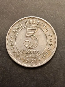 1957 H MALAYA AND BRITISH BORNEO 5 CENTS WORLD COIN KM #1 FINE DETAILS FREE SHIP - Picture 1 of 2