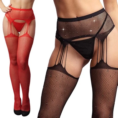 Netz Straps-Strumpfhose Damen Strass schwarz rot sexy Dessous Schritt offen "X31 - Bild 1 von 4