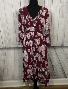 American Rag Cie Women's Medium Burgundy Floral Asymmetrical Boho Maxi Dress - Picture 1 of 8