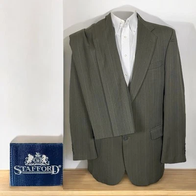 Stafford USA Made 2 Piece Suit Mens 42L 34x30 Olive Green Stripe Polyester Wool - Image 1 of 4
