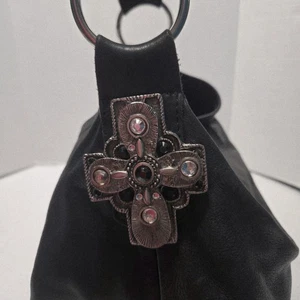 LEATHEROCK USA Soft Black Leather Shoulder Bag Hobo Stud Strap crystal Cross - Picture 1 of 10