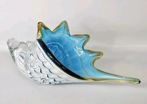 Hand Blown Glass Shell Decoration Bowl Art Glass Conch Shell Blue White 11" - Picture 1 of 7