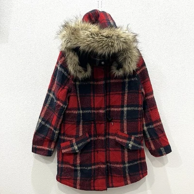 Abrigo American Eagle para mujer M rojo a cuadros con capucha ribete de piel sintética chaqueta vintage Y2K Foto 1 de 4