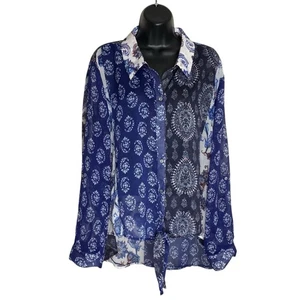 Chicos Top Womens 4 XXL Semi Sheer Blouse Roll Tab Button Up Tie Front Boho Chic - Picture 1 of 18