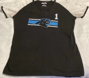 Carolina Panthers #1 Cam Newton Black White Blue V Neck T Shirt Women’s Sz XL - Picture 1 of 5