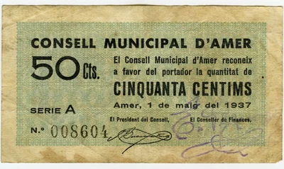 ☆ SPAIN CIVIL WAR 1937 • AMER 50 CENTS. MUNICIPAL ☆ GUERRA CIVIL ESPAÑOLA ☆D1398 - Image 1 of 2