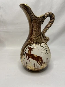 Vintage Belgien #144 Krug Vase braun bemalt Hirsch mit Goldrand - Bild 1 von 10