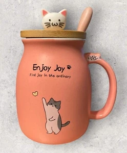 Feify Enjoy Joy Coffee/Tea Mug With Lid & Spoon Pink & White Cat Themed - Picture 1 of 6